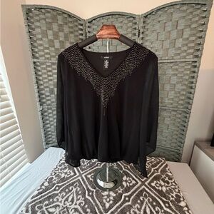 Alfani Black V-Neck Blouse Embellished w/ Rhinestones and flare sheer sleeves.